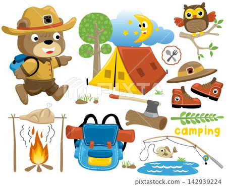Vector set of camping element cartoon with cute bear in scout costume, funny owl on tree branch Vector set of camping element cartoon with cute bear in scout costume, funny owl on tree branch 142939224