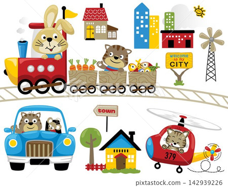 Set of vehicle cartoon with funny animals and buildings Set of vehicle cartoon with funny animals and buildings 142939226