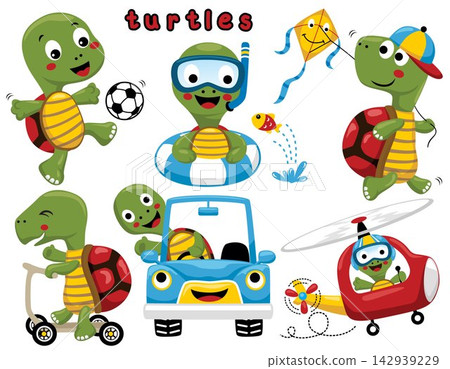 Group of funny turtle in different activities Group of funny turtle in different activities 142939229