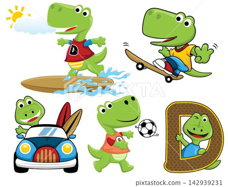 Group of funny dinosaur cartoon in different activities Group of funny dinosaur cartoon in different activities 142939231