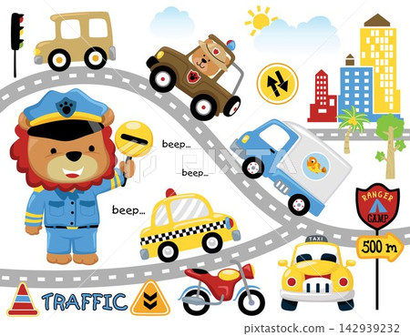 Vector set of city traffic cartoon with cute lion in police uniform Vector set of city traffic cartoon with cute lion in police uniform 142939232