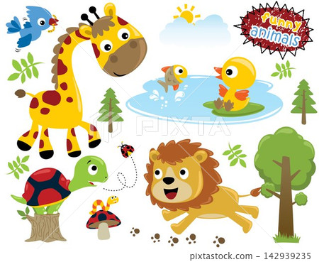 Group of funny animals cartoon in forest 142939235