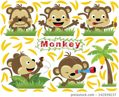 Group of funny monkey with bananas Group of funny monkey with bananas 142939237