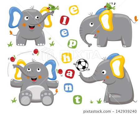 Group of funny elephant cartoon with little bird in different activities Group of funny elephant cartoon with little bird in different activities 142939240