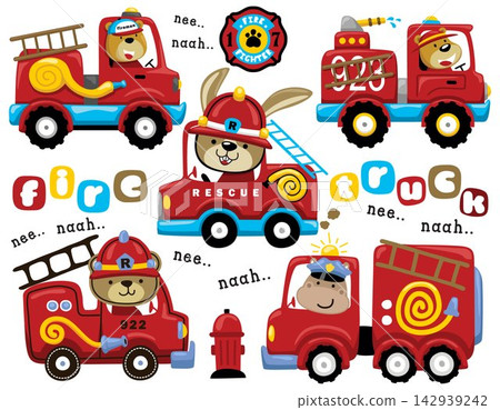 Vector set of firetruck cartoon with funny animals fireman Vector set of firetruck cartoon with funny animals fireman 142939242