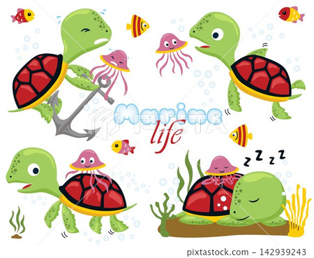 Group of funny turtle cartoon with little marine animals Group of funny turtle cartoon with little marine animals 142939243