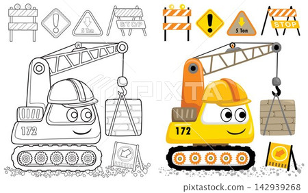 Vector cartoon of funny construction vehicle with construction element. Coloring book or page Vector cartoon of funny construction vehicle with construction element. Coloring book or page 142939268