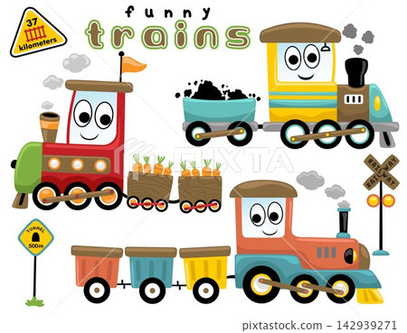 Vector set of funny steam train cartoon with railroad element Vector set of funny steam train cartoon with railroad element 142939271