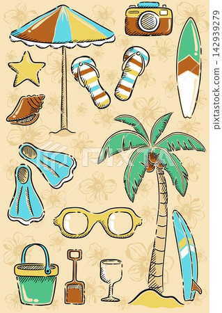 Set of beach vacations elements on flowers background pattern in hand drawing styles Set of beach vacations elements on flowers background pattern in hand drawing styles 142939279