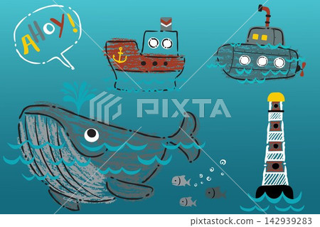 Cartoon set of funny whale with sea transportations and lighthouse in hand drawn styles 142939283