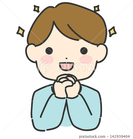 A hand-drawn vector illustration of a man with his hands clasped in front of his face, looking with expectant eyes. 142939404