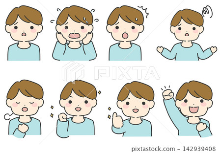A set of vector illustrations of men with various expressions such as motivation and anxiety; simple male facial expression icons. 142939408