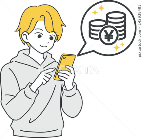 An illustration of a young Japanese man making in-app purchases on his smartphone. An illustration of a young Japanese man making in-app purchases on his smartphone. 142939493