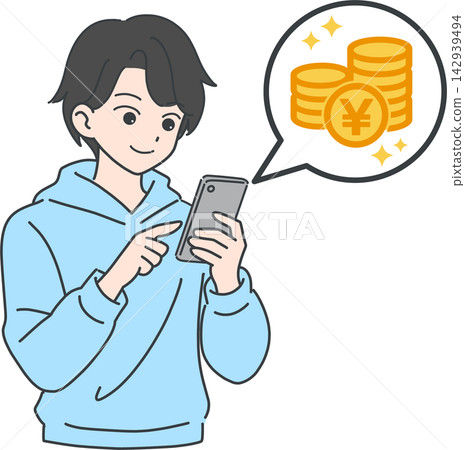 An illustration of a young Japanese man making in-app purchases on his smartphone. An illustration of a young Japanese man making in-app purchases on his smartphone. 142939494