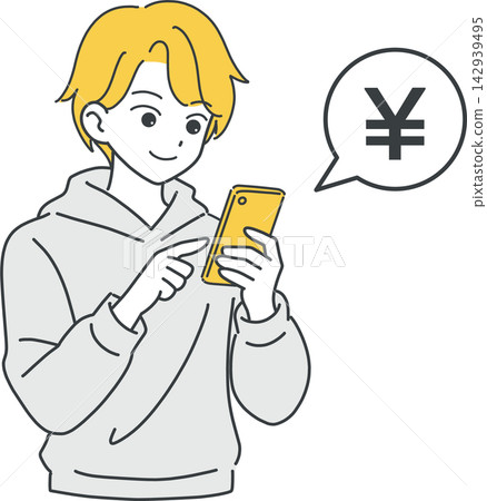 An illustration of a young Japanese man making in-app purchases on his smartphone. An illustration of a young Japanese man making in-app purchases on his smartphone. 142939495