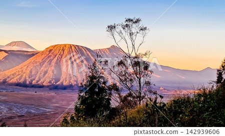 Beautiful morning view of Mount Bromo and Mount Semeru in East Java, Indonesia. Beautiful morning view of Mount Bromo and Mount Semeru in East Java, Indonesia. 142939606