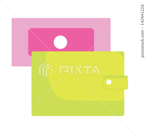 A modern flat vector icon featuring a lime green wallet with pink banknotes or payment cards sticking out, isolated on a white background. This colorful and minimalist graphic represents concepts of p A modern flat vector icon featuring a lime green wallet with pink banknotes or payment cards sticking out, isolated on a white background. This colorful and minimalist graphic represents concepts of p 142941228