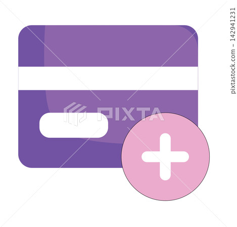 A modern flat vector icon showing a purple credit card with a pink plus sign badge, isolated on a white background. This clean and minimalist graphic represents concepts of adding a new payment method 142941231