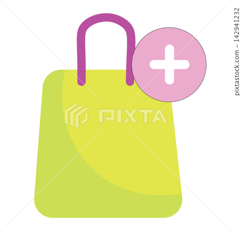 A modern flat vector icon showing a lime green shopping bag with a purple handle and a pink plus sign badge, isolated on a white background. This clean and colorful graphic represents concepts of addi A modern flat vector icon showing a lime green shopping bag with a purple handle and a pink plus sign badge, isolated on a white background. This clean and colorful graphic represents concepts of addi 142941232