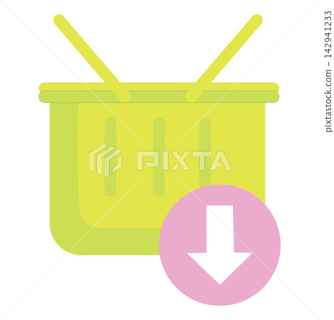 A modern flat vector icon featuring a lime green shopping basket with a pink download arrow badge, isolated on a white background. This colorful and minimalist graphic represents concepts of adding it A modern flat vector icon featuring a lime green shopping basket with a pink download arrow badge, isolated on a white background. This colorful and minimalist graphic represents concepts of adding it 142941233