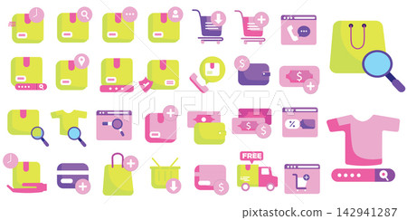 A comprehensive collection set of modern e-commerce, online shopping, and delivery logistics vector icons, isolated on a white background. This flat icon kit is designed in a vibrant and cohesive colo A comprehensive collection set of modern e-commerce, online shopping, and delivery logistics vector icons, isolated on a white background. This flat icon kit is designed in a vibrant and cohesive colo 142941287