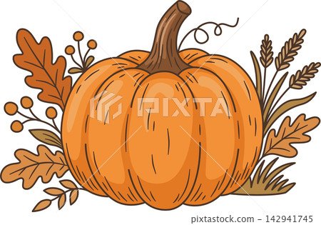 Cute Orange Pumpkin Illustration, Thanksgiving Pumpkin with Oak Leaves and Wheat Harvest Clipart Isolated for Autumn Decor, Sticker, and Craft Design Cute Orange Pumpkin Illustration, Thanksgiving Pumpkin with Oak Leaves and Wheat Harvest Clipart Isolated for Autumn Decor, Sticker, and Craft Design 142941745