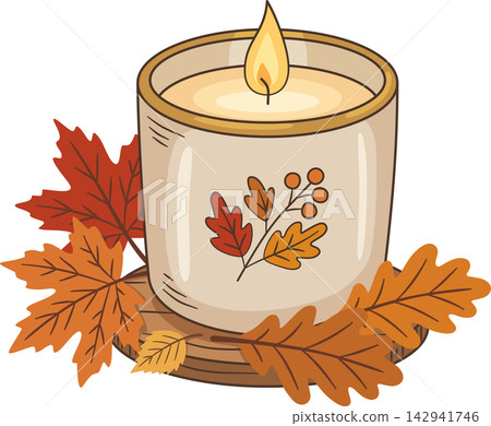 Cozy Autumn Scented Candle Illustration, Burning Candle in Glass Jar with Maple and Oak Leaves Clipart Isolated for Thanksgiving, Fall Decor, Sticker, and Craft Design Cozy Autumn Scented Candle Illustration, Burning Candle in Glass Jar with Maple and Oak Leaves Clipart Isolated for Thanksgiving, Fall Decor, Sticker, and Craft Design 142941746
