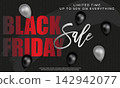 Stylish Black Friday promotional sale banner featuring bold red and white typography, glossy black and silver balloons, and a fifty percent off discount offer on a dark background. 142942077