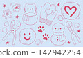Cute pink line art vector illustration set featuring snowmen, mittens, snowflakes, snowball makers, and winter cat theme elements on light blue background for seasonal crafts and cards 142942254