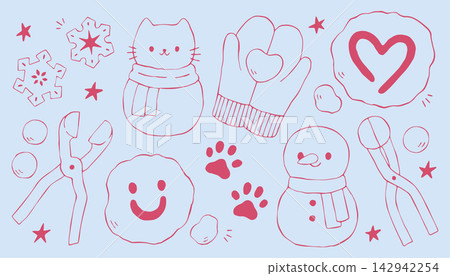 Cute pink line art vector illustration set featuring snowmen, mittens, snowflakes, snowball makers, and winter cat theme elements on light blue background for seasonal crafts and cards Cute pink line art vector illustration set featuring snowmen, mittens, snowflakes, snowball makers, and winter cat theme elements on light blue background for seasonal crafts and cards 142942254