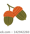 Flat vector illustration of a pair of green acorns with orange textured caps on a stem. Isolated autumn clip art element for fall sales, greeting cards, and nature-themed graphics 142942260
