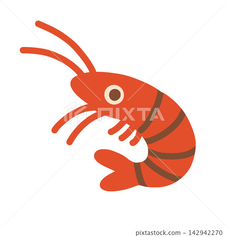 Cute red shrimp character vector illustration with long antennae. Ocean crustacean isolated on white background for nursery prints, stickers, and decor Cute red shrimp character vector illustration with long antennae. Ocean crustacean isolated on white background for nursery prints, stickers, and decor 142942270