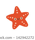 Cute red starfish character vector illustration with spots. Ocean animal isolated on white background for nursery art, stickers, and summer marine decor 142942272