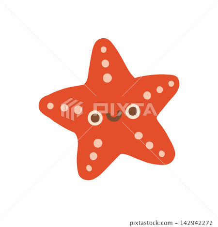 Cute red starfish character vector illustration with spots. Ocean animal isolated on white background for nursery art, stickers, and summer marine decor Cute red starfish character vector illustration with spots. Ocean animal isolated on white background for nursery art, stickers, and summer marine decor 142942272