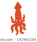Cute red squid character vector illustration with wavy tentacles. Ocean animal isolated on white background for kids nursery decor, stickers, and print design 142942284