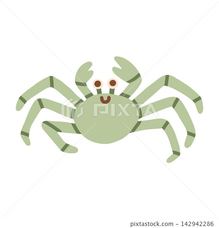 Cute green crab character vector illustration with claws and long legs. Ocean animal isolated on white background for nursery prints, stickers, and beach decor Cute green crab character vector illustration with claws and long legs. Ocean animal isolated on white background for nursery prints, stickers, and beach decor 142942286