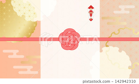 水引繩（裝飾繩），飾以梅花結，背景為日式圖案。麻葉圖案的紙框。 142942310