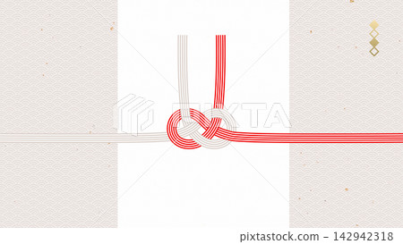 A Japanese-style background featuring Awaji knot mizuhiki (decorative cord) and noshi paper. A frame material with a seigaiha (wave) pattern and a gold leaf-like finish. A Japanese-style background featuring Awaji knot mizuhiki (decorative cord) and noshi paper. A frame material with a seigaiha (wave) pattern and a gold leaf-like finish. 142942318
