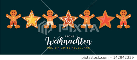 christmas greeting card with cookies gingerbread set sweet decoration vector illustration christmas greeting card with cookies gingerbread set sweet decoration vector illustration 142942339