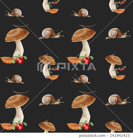 Watercolor seamless pattern with white mushroom with snail and branch Watercolor seamless pattern with white mushroom with snail and branch 142942425