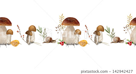 Watercolor seamless border with mushrooms, small and big, and dry yellow leaves and branches, snail.  142942427