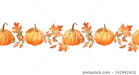 watercolor seamless border with pumpkins illustration with with autumn leaves watercolor seamless border with pumpkins illustration with with autumn leaves 142942428