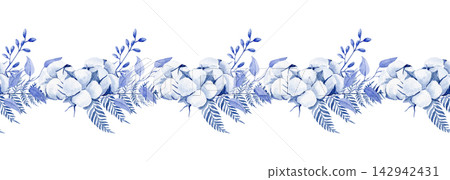 Watercolor seamless border in blue color from cotton, different types of eucalyptus, dried flowers and fern. Watercolor seamless border in blue color from cotton, different types of eucalyptus, dried flowers and fern. 142942431