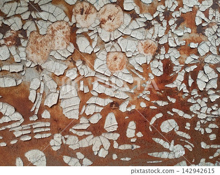 Corrosion with rust and peeling paint on a sheet of metal. Corrosion with rust and peeling paint on a sheet of metal. 142942615