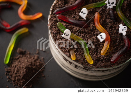 Halloween graveyard Dirt cake close up Halloween graveyard Dirt cake close up 142942869