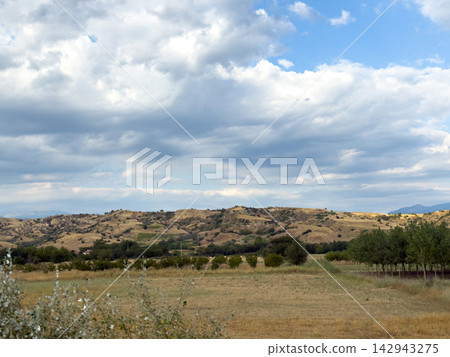 Dry farmland across rolling hills beneath cloudy sky 142943275