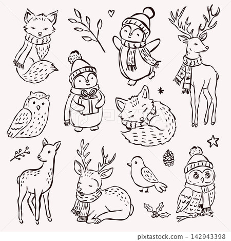 Cute Winter Woodland Animals Christmas Line Art Set Cute Winter Woodland Animals Christmas Line Art Set 142943398