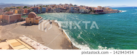 Panoramic View of Chania Harbor and Kucuk Hasan Mosque in Crete, Greece Panoramic View of Chania Harbor and Kucuk Hasan Mosque in Crete, Greece 142943454