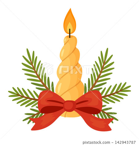 Christmas Twisted Candle With Red Ribbon Bow Hand Drawn Flat Vector Christmas Twisted Candle With Red Ribbon Bow Hand Drawn Flat Vector 142943787
