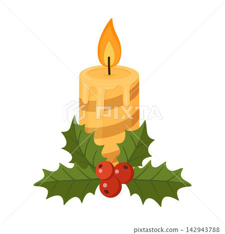 Christmas Yellow Striped Candle With Holly Hand Drawn Flat Vector Christmas Yellow Striped Candle With Holly Hand Drawn Flat Vector 142943788